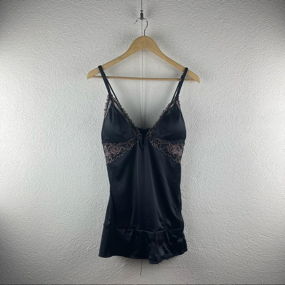 Auden l M Black Satin Lace Lined Cups Ruffled Babydoll Negligée with Thong Set